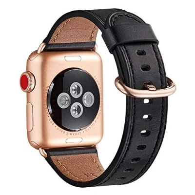 Afbeelding van WFEAGL compatibel met Apple Watch armband 40 mm, 41 38 leren band, reserveband voor heren en dames, iWatch Series 9/8/7/6/5/4/3/2/1, SE (38 zwart + roségouden