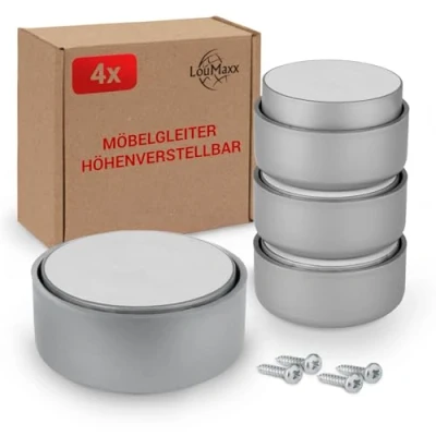 Afbeelding van LouMaxx Meubelpoten, in hoogte verstelbaar, poten voor meubels, Ø 53,5 mm, van kunststof, hoogwaardige meubelverhoging, lijmen of schroeven, glijpoten, zilver, incl. montagemateriaal