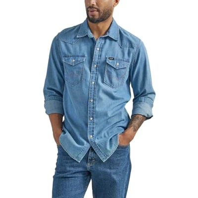 Afbeelding van Wrangler Iconic Denim Regular Fit Snap Shirt met button down kraag, Lake Wash, XL