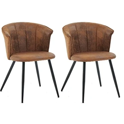 Afbeelding van MEUBLE COSY Eetkamerstoelen, set van 2 keukenstoelen, retro, gestoffeerd, met armleuning, vintage kunstsuède zitting, metalen poten, bruin, 55x58x75,5 cm