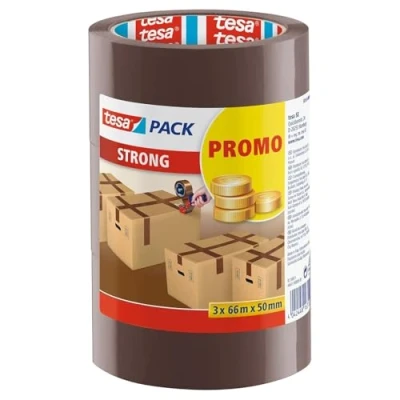 Afbeelding van tesa Pack Strong geluidsarm pakkettape voor het verpakken van pakketten en verzenddozen bruin 3 rollen elk 66 m: 50 mm