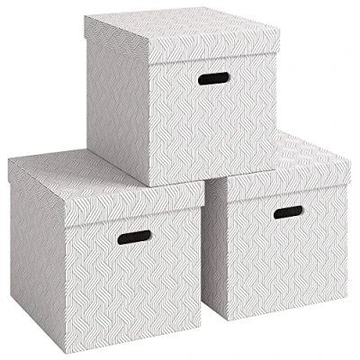 Afbeelding van VON Leitz 3 delige set opbergdozen met deksel, 29 l, groot, 100% gerecycled karton, geometrisch design, voor school, studie en huishouden, wit, stuks, 61430001