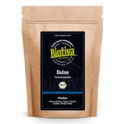 Afbeelding van Dulse vlokken bio 100g Palmaria Palmata Lappentang rode algen zonder toevoegingen superfood soep garnering saus 100% biologisch gebotteld en gecertificeerd in Duitsland