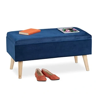 Afbeelding van Relaxdays opbergbank velours, zitbank met opbergruimte, 40 L, houten poten, halbankje voor 2, 41x80x40 cm, donkerblauw