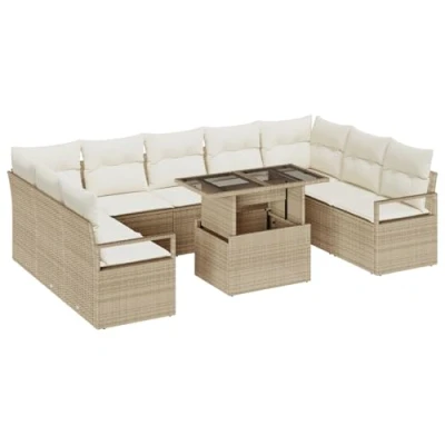 Afbeelding van vidaXL 10 delige tuinsofa set met kussens Beige Poly Rattan