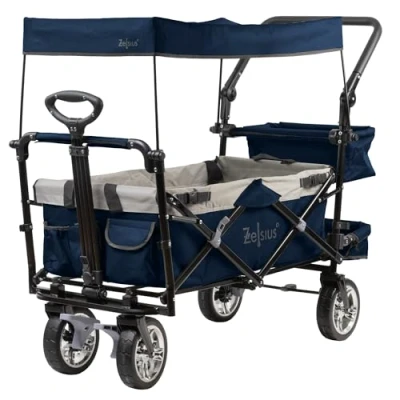 Afbeelding van Zelsius Opvouwbare bolderkar met dak, blauw/grijs, transportwagen gordelsysteem, handwagen, strandbolderkar, gereedschapswagen, inklapbaar, tuinkar zonnedak,