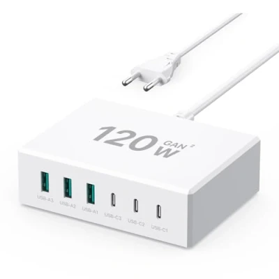 Afbeelding van USB c Oplader 120W GaN，Multiple Charger【3USB + 3USB A】 PD Oplader, 6 Port Oplaadstation Compatibel met iPhone/Samsung/Google/Tablet/Mobiele macht en andere apparaten (Wit)