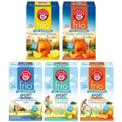 Afbeelding van Teekanne Frio IJsthee en sportthee, set van 5 stuks, inclusief de nieuwe variëteit bosbessenkruiden + zink, suikervrij genot, volle smaak, zonder suiker, caloriearm (5 x 45 g)