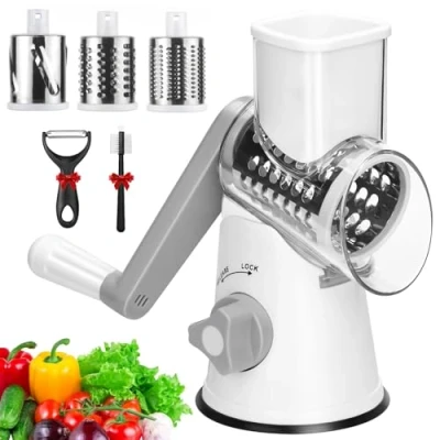 Afbeelding van TAVADA Roterende Kaasrasp,Handmatige groentesnijder,Rasp Groenteheoel met Drie Trommelbladen,Rasp voor Keuken,Trommelrasp,kaasmolen,voor Kaas, Komkommer, Wortel, Noten Cheese grater with crank