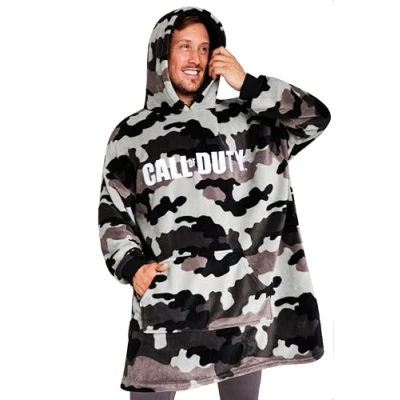 Afbeelding van Call of Duty Deken Hoodie voor Mannen en Tieners Gezellige Oversized Fleece One size Sherpa Hood Gamer Geschenken Hem Grijs Camo, Grijze