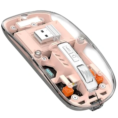 Afbeelding van MAGIC REFINER Draadloze Muis, 2.4 GHz of Bluetooth 5.0 Wireless Mouse, Stille Klikken, Oplaadbare, 2400DPI USB C Transparante Gaming Batterijniveau Zichtbaar, Laptop/Win/Mac/Chrome, Roze