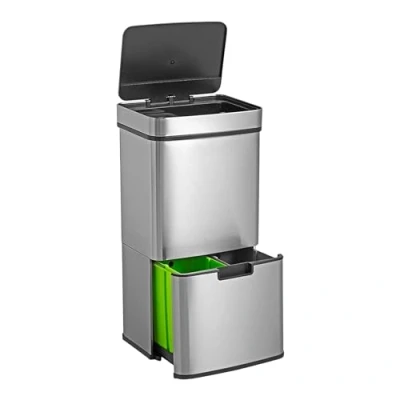 Afbeelding van WELL HOME vuilnisemmer 67 L (42 + 25 L) met 2 vakken, automatische opening sensor, roestvrij staal, chroom