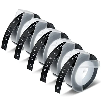 Afbeelding van 5 X 523809 9 mm band compatibel met Dymo Omega 3D 3/8&quot; zwart labeltape als vervanging voor Junior labeltape, wit op