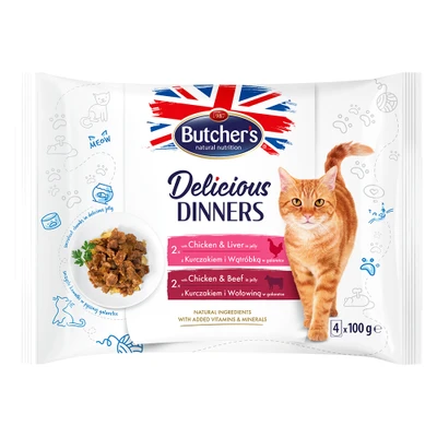 Afbeelding van 32 x 100 g Butcher&#039;s Delicious Dinners Kattenmix: kip &amp; lever, rund natvoer
