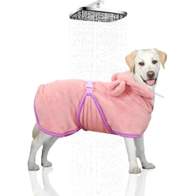 Afbeelding van WUFANC Hondenbadjas voor huisdieren, kleding honden en katten, met capuchon, handdoek honden, zeer absorberend sneldrogend, zacht, roze, vijf maten (M) (L)