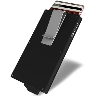 Afbeelding van AKIELO RFID Blokkerende Kaarthouder met Geldclip en Geschenkdoos Minimalistische Heren Kaart Portemonnee Contactloze Creditcardbeschermer (ALPHA Zwarte Clip Editie)