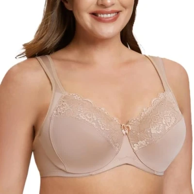 Afbeelding van MELENECA Dames Ongewatteerde Beugel Flora Kanten Grote Borsten Dagelijks volle cup beha Beige 90G