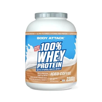 Afbeelding van Body Attack 100% Whey Proteïne, Iced Coffee 2,3 kg Made in Germany extra romig eiwitpoeder met hydrolysaat en BCAA&#039;s, ondersteunt spieropbouw diëten voor sporters atleten