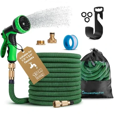 Afbeelding van HOMEPROTEK flexibele tuinslang, 15 m, waterslang, rekbare slang met 1/2 inch en 3/4 messing schroefkoppelingen, 3 voudige latex balkonslang