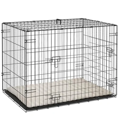 Afbeelding van PawHut Hondenbench, opvouwbaar, met 2 deuren, uitneembaar dienblad, zacht, wasbaar kussen, stalen frame, 76 x 53 60 cm, zwart