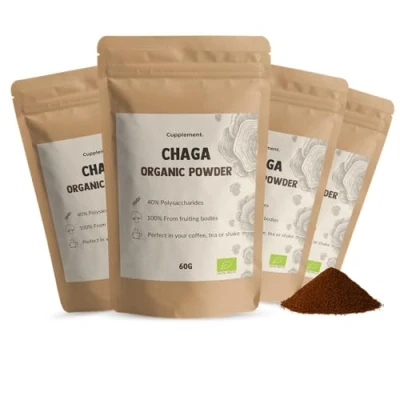 Afbeelding van Cupplement 4 Zakken Chaga Poeder 60 Gram Biologisch Inclusief Opschuimer &amp; Scoops Geen Capsules Supplement Superfood Mushroom Paddenstoel
