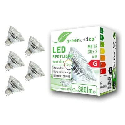 Afbeelding van 5x greenandco® CRI97+ 2700K 36 LED spot vervangt 40W GU5.3 MR16, 6W 380lm warm wit 12V AC/DC, flikkervrij, niet dimbaar