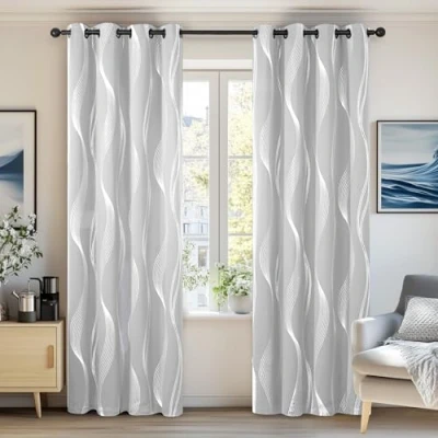 Afbeelding van Deconovo 2 gordijnen voor ramen, slaapkamer, tegen hitte, kou, met oogjes, 140 x 240 cm, deurgordijn, woonkamer, zilverlijnmotief, ondoorzichtig, thermisch, parelgrijs, keuken