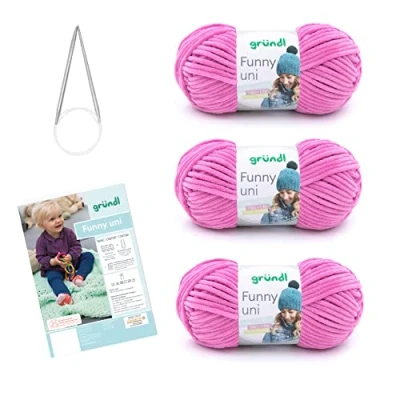 Afbeelding van Gründl Breiset Funny uni (fluweelachtig chenille garen) 3 x 100 g + naalden 5 6 handleiding voor een babydeken 3442 SB A10 34 19 8 cm, fuchsia
