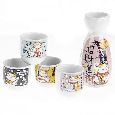Afbeelding van lachineuse saké set met kat Maneki Neko 4 schalen &amp; karaf Japanse sake glazen cadeau Aziatisch servies traditioneel Japans porselein geluksbrenger