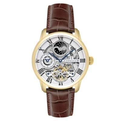 Afbeelding van Thomas Earnshaw Mens 44mm Longitude Dual Time Automatic Skeleton Horloge met 12 uur Time, Zon &amp; Maan Display en Versierde Rotor, Wit/Bruin, ES 8006 02