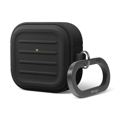 Afbeelding van elago Armor Hoesje Compatibel met AirPods 4 Hoesje, Inclusief Karabijnhaak, Ondersteunt Draadloos Opladen, Schokbestendig, Volledige Bescherming (Zwart)