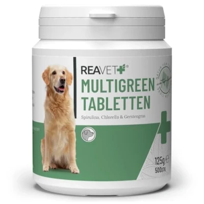 Afbeelding van ReaVET MultiGreen tabletten voor Honden 100 % pure spirulina, chlorella, gerstegras Goede verdraaglijkheid en acceptatie 500 stuks