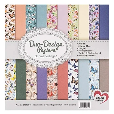 Afbeelding van Ideen mit Herz Duo designpapier, blok met 20 vellen knutselpapier, 25 x cm, 250 g/m², aan beide zijden bedrukt, motiefpapier, ideaal voor scrapbooking, knutselen, vlinders 01