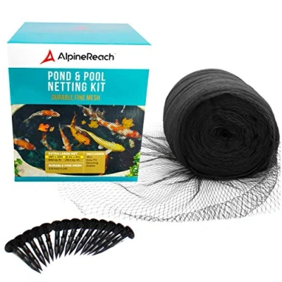 Afbeelding van AlpineReach Koi vijvernettingset 8,5 m x 9 m, zwart, zwaar belastbaar, geweven fijn gaasnet voor bladeren, beschermt koivissen tegen blauwe reigervogels, katten en roofdieren herbruikbaar palen