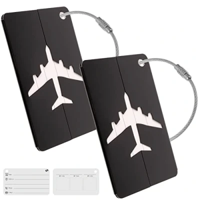 Afbeelding van Premium kofferlabel met adreslabel, 2 stuks, zwart, aluminium bord, voor vliegreizen, cruise, enz., metalen bagagelabel, naamplaatje, koffer, tashanger, ID label