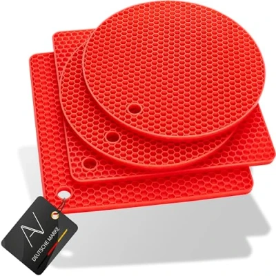 Afbeelding van AVANA Siliconen onderzetters, set van 4, premium pannenlappen, multifunctioneel, hittebestendig, vaatwasmachinebestendig, antislip, honingraatpatroon (2 rond, 2 vierkant) rood