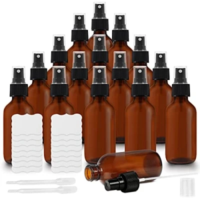 Afbeelding van Belle Vous Glazen Amberkleurige Sprayflesjes (16 Stuks) 2 Pipetten en Stickers Inbegrepen 60 ml Lege Fijne Nevelverstuiver Navulbare Flessen voor Essentiële Oliën, Reiniging Aromatherapie