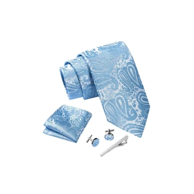 Afbeelding van Stropdas set Paisley Lichtblauw met manchetknopen, pochet en dasspeld luxe stropdassen voor heren in Geschenkdoos Mens tie Hemelsblauw