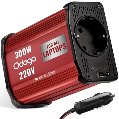 Afbeelding van Odoga 300W Stroomtransformator voor auto, 12v naar 230v Spanningsomvormer met 2 USB poorten, sigarettenaanstekerplug auto omvormer, rood