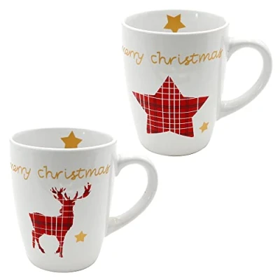 Afbeelding van Dekohelden24 Keramiek kerstmok Merry Christmas als set van 2, hoogte: 10 cm Ø 8,5 cm, inhoud 350 ml, rood, ster
