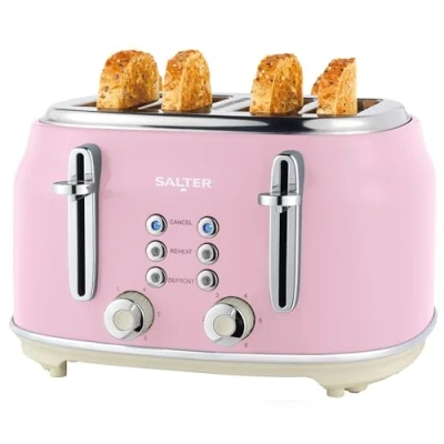 Afbeelding van Salter Retro 4 Slice Broodrooster Brede Sleuven, 6 Bruiningsniveaus, Ontdooien, Opwarmen, Annuleren Functies, Uitneembare Kruimellade, Extra Dik Brood/Bagels, 1630W, Roze