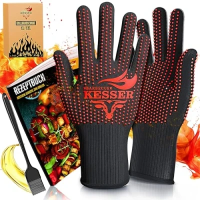 Afbeelding van KESSER® Barbecuehandschoenen, hittebestendig tot 500 graden XXL, ovenwanten, ademend en met antislip grip, pannenhandschoenen van aramideweefsel, machinewasbaar, XL rood