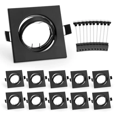 Afbeelding van Leselux GU10 Inbouwspots, vierkant, Inbouwframes in Mat Zwart incl. Fitting Voor LED of Halogeen Lampen, 60 Draaibaar Plafondspot Montageframe, Boorgat Ø68mm 80mm, 10 stuks
