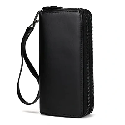 Afbeelding van LUUFAN Mannen echt lederen clutch tas dubbele rits portemonnee 4 tussenlaag portemonnee, Zwart 2, S, Klassiek