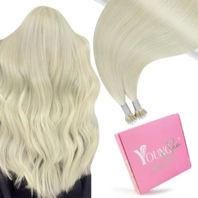 Afbeelding van YoungSee nanoring Extensions van echt haar, blond, 50 cm, extensions, nano ring, haarextensies, platinablond, haarverlenging, nanoring, gladde extensies, g, 1