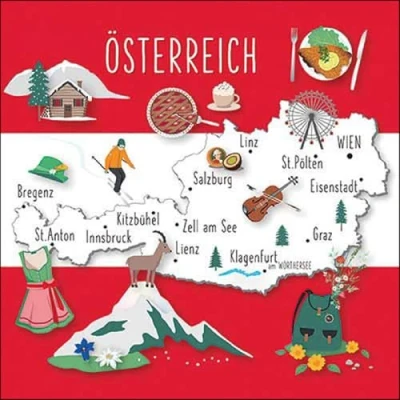 Afbeelding van 20 servetten steden &amp; landen Oostenrijks mooiste pagina&#039;s als tafeldecoratie. Papieren met motief. Ook voor decoupage en servettechniek 33x33cm