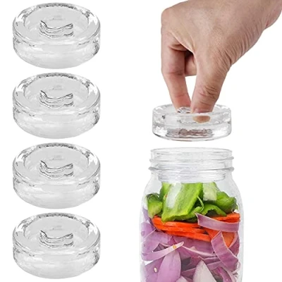 Afbeelding van Set van 4 stuks glazen gistingsgewichten met gemakkelijke handgrepen voor zuurkool Kimchi augurken conservering inblikken brede mond metselaarpotten