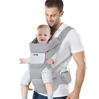 Afbeelding van IULONEE Draagzak met Heupzitje Ergonomische Draagzakken voor Peuters Rugzak Schouderdraagzak Baby&#039;s Verstelbare en achterkant Draag Pasgeboren 3 Maanden tot Jaar (3 20kg) (Grijs)