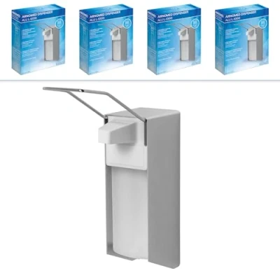 Afbeelding van ARNOMED 4x aluminium desinfectiemiddeldispenser, desinfectiemiddeldispenser voor 1000 ml, dispenser met lange armhendel, zeepdispenser wandmontage, zeepdispenser, wand