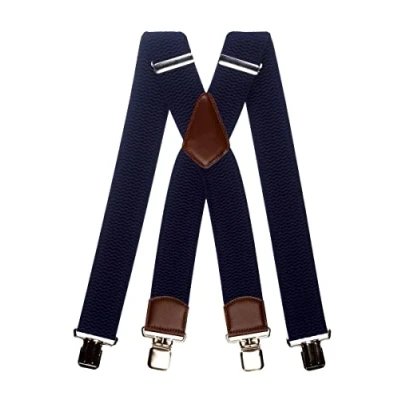Afbeelding van Olata Extra Brede X Vorm Bretels met Bruin Leer en Zilveren Clips 5 cm. Donkerblauw